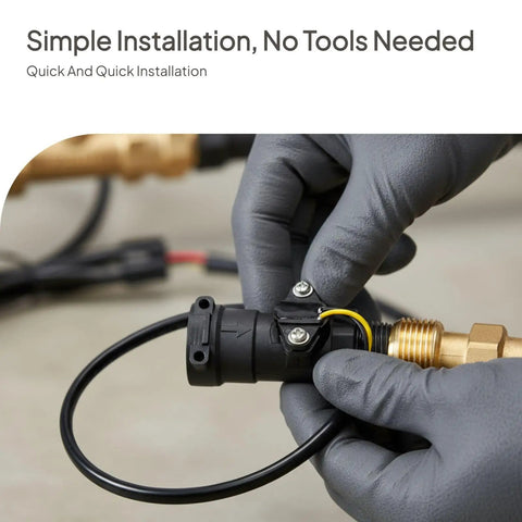 Water Heater Flow Sensor Switch Kit With Turbine Flow Meter And Hall Effect Sensor Direct Replacement No Fuss Easy Install Energy Efficient Flow Rate Monitor For Accurate Home Plumbing installed by gloved hands