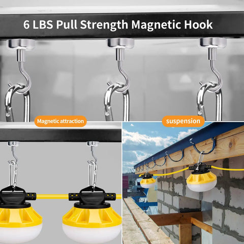 50ft LED Construction String Lights With 5 Heads 10W Per Lamp 5000lm Outdoor Work Light Portable Extendable String Light For Your Job Sites ETL Listed Weatherproof showing magnetic hooks