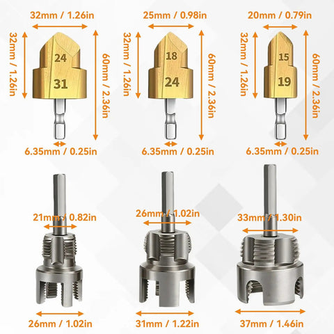 Professional PPR Pipe Threading And Reaming Tool Kit compatible with electric drill, featuring gold and silver stepped bits for precision cutting.