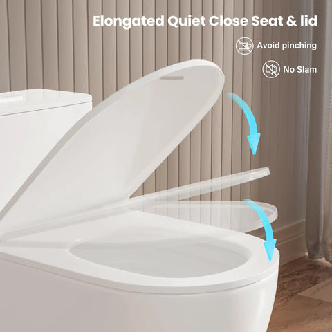 Slick Modern Elongated One Piece Toilet With Skirted Seamless Build And 17 Inch Comfort Chair Height seat with quiet close lid.