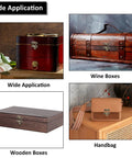 Two Piece Bronze Zinc Alloy Swing Arm Hasp Latch Set with Heavy Duty Mounting Screws displayed on vintage wooden and leather boxes.