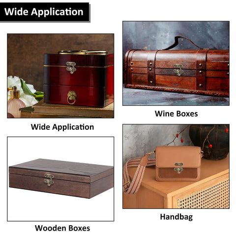 Two Piece Bronze Zinc Alloy Swing Arm Hasp Latch Set with Heavy Duty Mounting Screws displayed on vintage wooden and leather boxes.