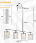 Diagram of Dope Four Light Crystal Island Pendant for Kitchen and Dining Room with adjustable rods and dimensions.