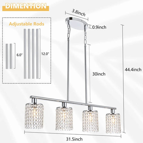 Diagram of Dope Four Light Crystal Island Pendant for Kitchen and Dining Room with adjustable rods and dimensions.