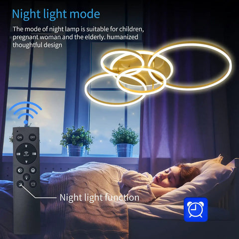 90W Dimmable LED Ceiling Light With Remote Control, 5 ring gold chandelier in night mode, serene bedroom setting