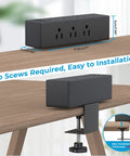 Clamp On Desk Power Strip With USB C And USB A Ports, 6 AC Outlets, 1 USB C, 3 USB A, showing installation on desk edge