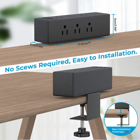 Clamp On Desk Power Strip With USB C And USB A Ports, 6 AC Outlets, 1 USB C, 3 USB A, showing installation on desk edge