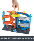 Two-In-One City Race Track Set With A Transforming Race Tower From Single Lane To Dual Lane Speedway Includes A Kid-Powered Elevator And 1 Car Amazon Exclusive Toy Playset For Kids with hand operating car gate release