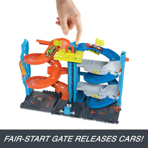 Two-In-One City Race Track Set With A Transforming Race Tower From Single Lane To Dual Lane Speedway Includes A Kid-Powered Elevator And 1 Car Amazon Exclusive Toy Playset For Kids with hand operating car gate release