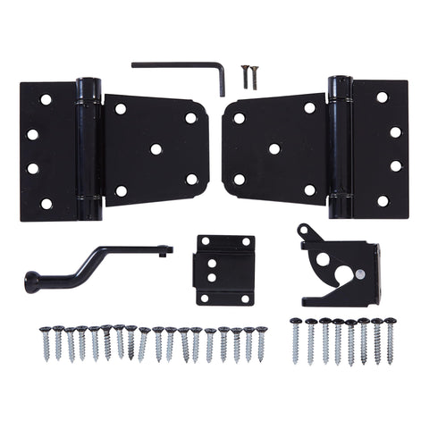 All In One Self Closing Gate Kit With Black Steel Hinges And Latch For Wood Vinyl And Steel Gates 50 Lb Capacity WeatherGuard
