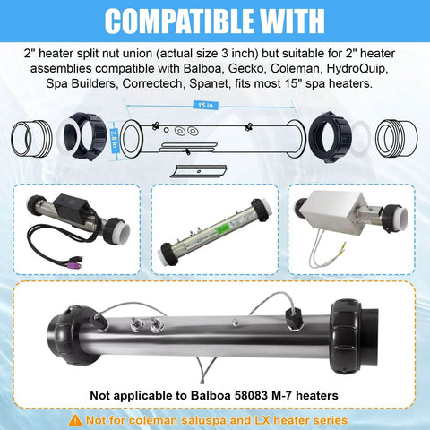 Fuoequl 2-inch hot tub split-nut union fittings for Balboa Gecko heater, two-piece kit with exploded-assembly diagram