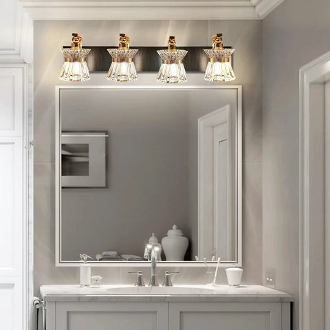 4 Light Rose Gold Sparkling Glass Bathroom Vanity Light Above Mirror With Lamp Shade UL Certified 27 Inch Long Vanity Fixture