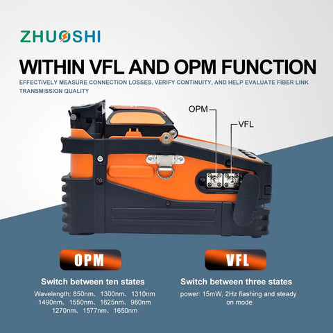 Side view of Six Motor Fiber Fusion Splicer With Core Alignment Visual Fault Locator And Optical Power Meter showing VFL and OPM functions.