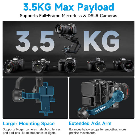 SCORP C2 Camera Gimbal Stabilizer With AI Tracking 4.0 For Dope Vlogging Smooth 3 Axis Stabilization 7.7 lb Payload, full-frame setup