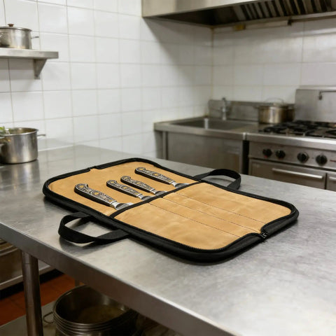 Durable Portable Chefs Knife Roll With 4 Slots Grab And Go Water Repellent Canvas Knife Storage Bag on kitchen counter