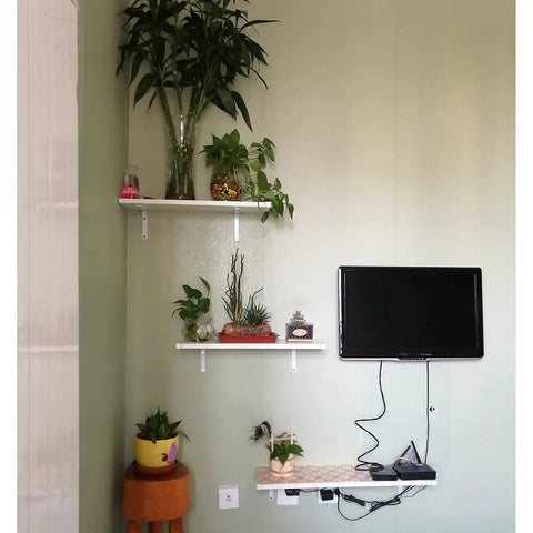 Heavy Duty Wall Mounted Metal Shelf Brackets Flat Out Reliable Furniture Supports Rust Proof Water Resistant Build Set Of Two, showcasing plants and TV decor.