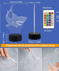 Shark 3D Illusion Night Light With Touch Control And Remote 16 Color USB LED Desk Lamp Kid Friendly Room Decor Laser Engraved Optical Acrylic Panel Safe Cool Gift For Bedroom Or Holiday, showing dimensions and protective film removal.