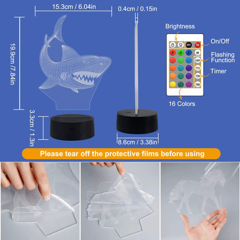 Shark 3D Illusion Night Light With Touch Control And Remote 16 Color USB LED Desk Lamp Kid Friendly Room Decor Laser Engraved Optical Acrylic Panel Safe Cool Gift For Bedroom Or Holiday, showing dimensions and protective film removal.
