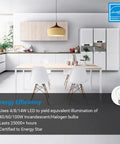 Energy-efficient kitchen with dining table and Three Way LED A19 Light Bulbs With 40 60 100W Equivalents, E26 Base, 2700K warm white light.