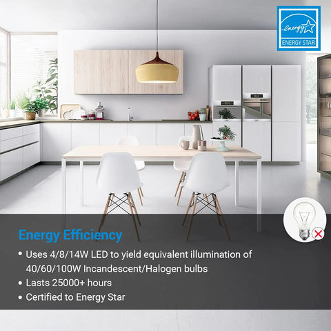 Energy-efficient kitchen with dining table and Three Way LED A19 Light Bulbs With 40 60 100W Equivalents, E26 Base, 2700K warm white light.