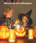 Children with pumpkins and Two Pack LED Flame Lights With USB Rechargeable Battery, Remote And Timer, Waterproof Dimmable Flameless Candles
