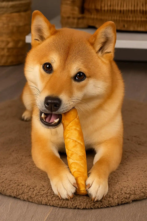 A dog chewing on an 8 inch chicken-flavored beefhide roll, part of the 100 Percent Made In USA Beefhide 8 Inch Rolls Dog Chew Treats Chicken Flavor 15 Count Pack Perfect For Heavy Chewers All Natural Rawhide Dog Treats Doggo Approved Today.