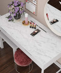 Easy DIY Ultra Thick Grey White Marble Peel And Stick Wallpaper 160 X 36 Inch for countertop with makeup and flowers displayed