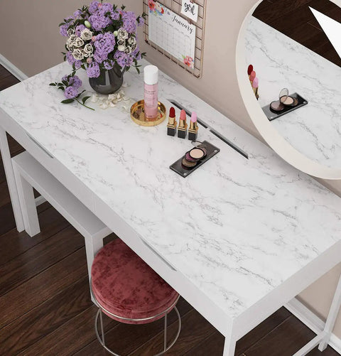 Easy DIY Ultra Thick Grey White Marble Peel And Stick Wallpaper 160 X 36 Inch for countertop with makeup and flowers displayed