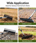63 Inch Dethatcher Rake With Upgraded Dual Action Tines, 32-Tine Dual-Sided Head for clearing grass, leaves, rocks, and mulch