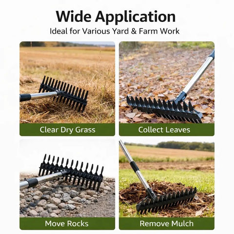 63 Inch Dethatcher Rake With Upgraded Dual Action Tines, 32-Tine Dual-Sided Head for clearing grass, leaves, rocks, and mulch