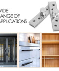 2 Pack Stainless Steel Hidden Pivot Hinges With 360 Degree Rotation shown with doors, cabinets, and shelves for versatile use