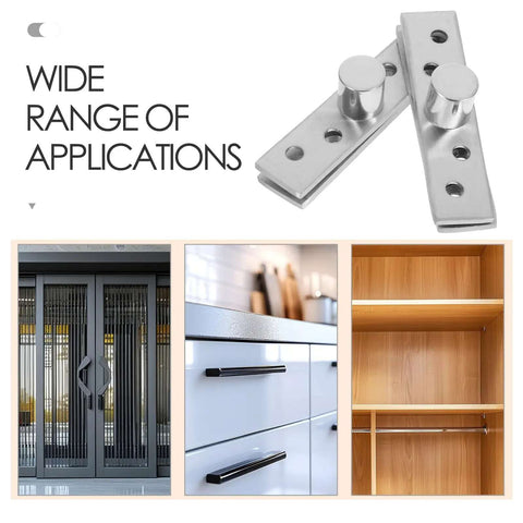 2 Pack Stainless Steel Hidden Pivot Hinges With 360 Degree Rotation shown with doors, cabinets, and shelves for versatile use
