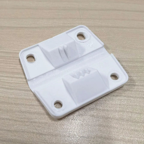 Front view of white plastic General Coolers hinge replacement plate with four mounting holes.