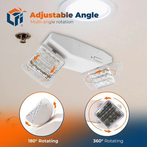 LED Emergency Light With Battery Backup For Biz, UL 924 Listed, adjustable square LED heads in white housing on ceiling