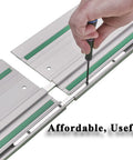 Guide Rail Connector Set For Track Saws Self Aligning Quick Connect Rails For Long Cuts being attached with screwdriver