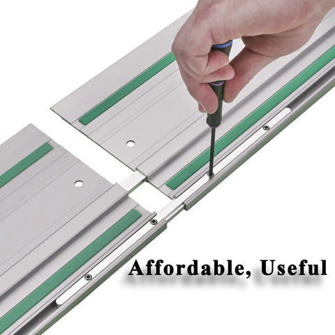 Person using screwdriver to connect Guide Rail Connector Set For Track Saws Self Aligning Keeps Rails Straight For Long Cuts Fits Integrated TSlots and Most Rail Systems For Seamless Secure Cutting Pro Grade Quality