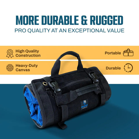 Heavy Duty Tool Roll For Pros With Ultra Durable Water Resistant And Grease Resistant Fabric Reinforced Seams And Massive Interior Storage