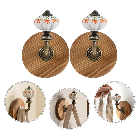 Old School Cool Antique Ceramic Wall Hooks With Rock Solid Wood Base Showstopper Entryway Coat Rack Pair handpainted with multicolor porcelain.