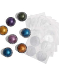 Reusable Aluminum Foil Seals Lids For Nespresso VertuoLine Capsules, 120 Count, shown with multiple colored capsules and foil sheets.