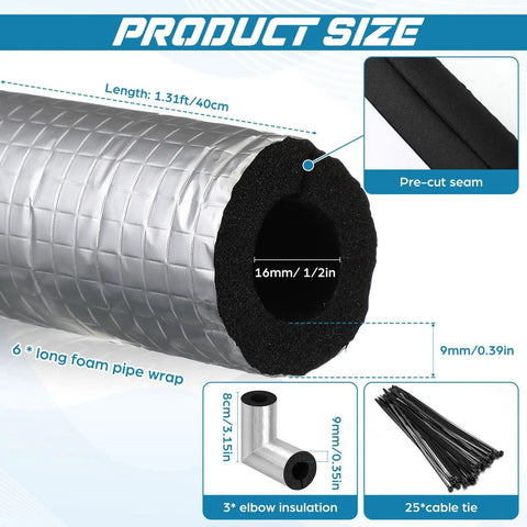 Nine Piece Pipe Insulation Foam Tubes With Elbow Set showing dimensions and materials
