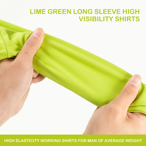 Hands stretching lime green fabric of high visibility long sleeve shirts showcasing elasticity for average weight fit.