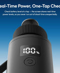 Close-up of the 10000mAh Battery Grip with Real Time Backlit LCD Display showing 100% charge, highlighting its real-time check feature.