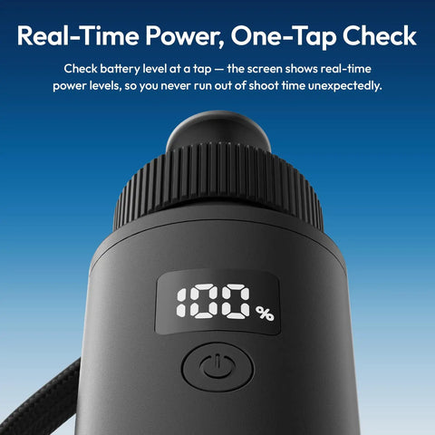 Close-up of the 10000mAh Battery Grip with Real Time Backlit LCD Display showing 100% charge, highlighting its real-time check feature.