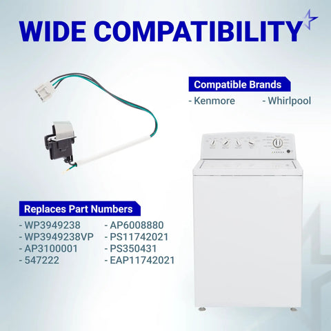 Ultra Durable Washer Lid Switch For 3949238 Fits Whirlpool And Kenmore Washers pictured with compatibility details.
