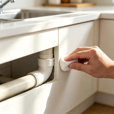 Hand using Top Drawer Heavy Duty Wall Putty And Plumber Sealant on pipe gap under kitchen sink