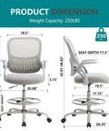 Drafting Chair For Standing Desks With Flip Up Arms, Counter Height Adjustable, Ergonomic Mid Back Mesh Chair dimensions shown