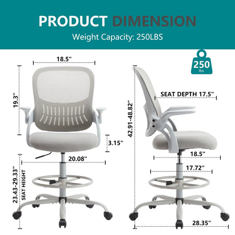 Drafting Chair For Standing Desks With Flip Up Arms, Counter Height Adjustable, Ergonomic Mid Back Mesh Chair dimensions shown