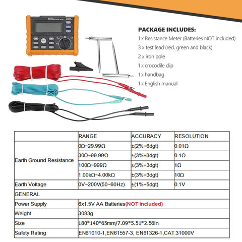 Digital Ground Earth Tester Meter 0 To 4K Ohm Insulation Tester Multimeter package with included accessories