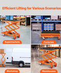 VEVOR hydraulic lift table cart, orange alloy steel with non-slip pad; 330 lb capacity, 50 in lift, 4 wheels