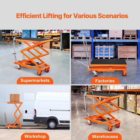 VEVOR hydraulic lift table cart, orange alloy steel with non-slip pad; 330 lb capacity, 50 in lift, 4 wheels